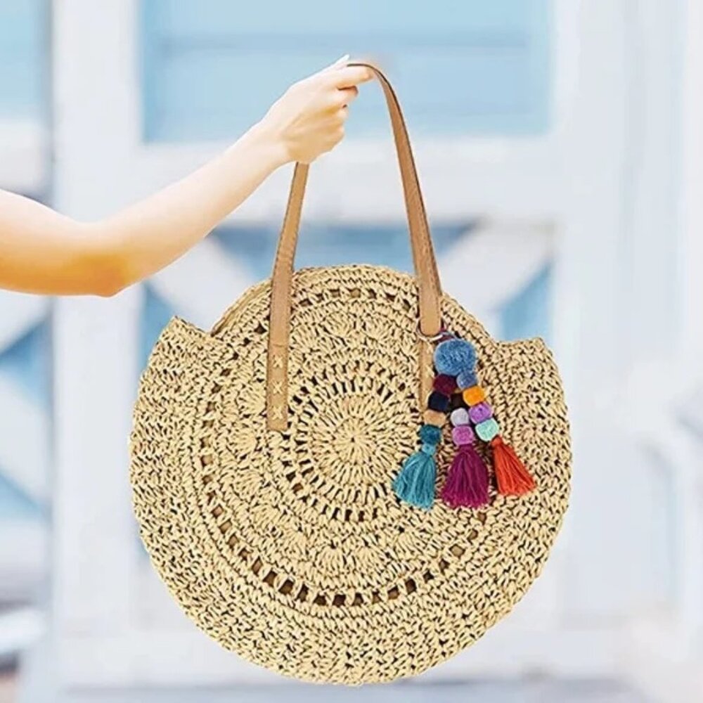 Straw Tote, Beach Bag. Colorful Pompom Triple Tassel. NWT. - Picture 4 of 4